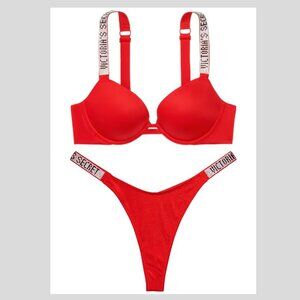 New! SET Victoria’s Secret Red Smooth Shine Strap Push Up Bra Panty 10322